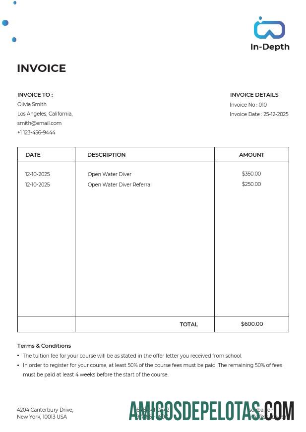 em branco Modelo de fatura de escola de mergulho autônomo
